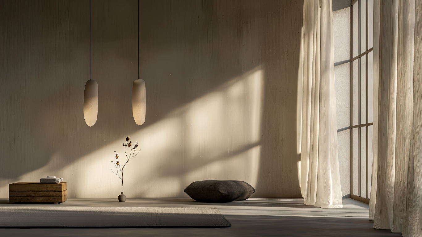 A minimalist interior with neutral tones and soft lighting. Includes pendant lights, a window, and a few simple objects.