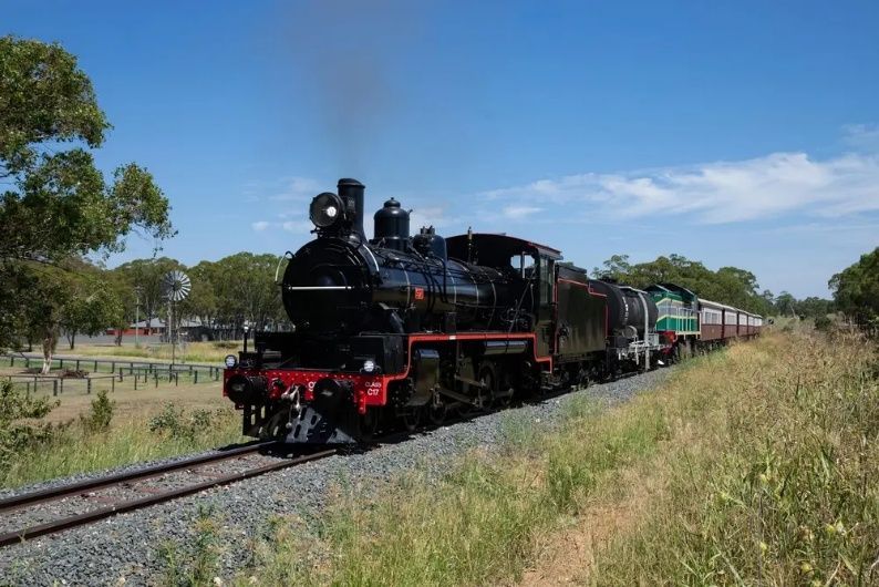 Black steam locomotive pulling passenger cars through grassy countryside under a blue sky.