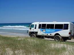 White van parked on a beach beside ocean waves and grassy dunes