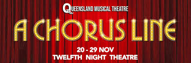 Queensland Musical Theatre “A Chorus Line” poster with red curtain background and gold title text