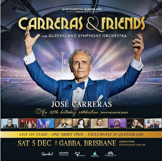 José Carreras concert poster with raised arms, Queensland Symphony Orchestra, Sat 5 Dec, GABBA Brisbane