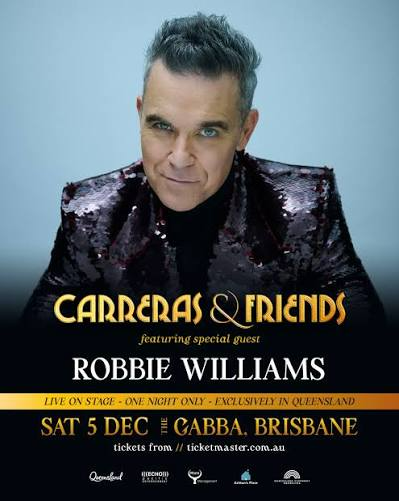 Concert poster for Carpenters & Friends featuring Robbie Williams, with event date and venue details.