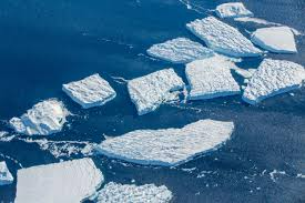 Broken white ice floes drifting in dark blue ocean water