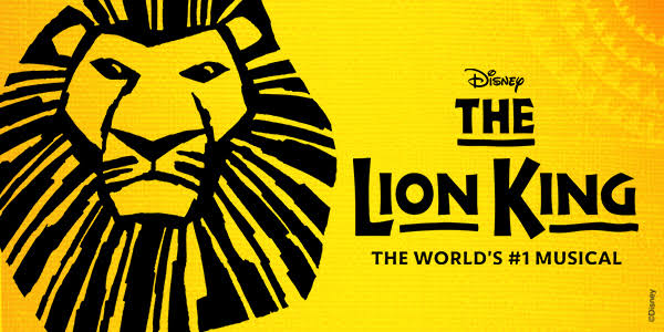 The Lion King logo on a yellow background with a stylized lion face and bold black text