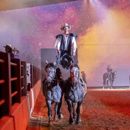 Cowboy on horseback in a dusty arena with colorful stage lighting and another rider in the background