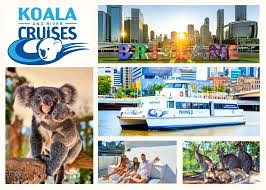 Koala Cruises collage with Brisbane skyline, river cruise boat, koala, and people relaxing on a boat