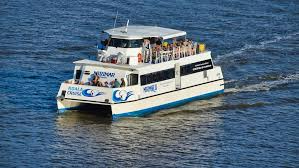 White passenger ferry with people aboard cruising on blue water