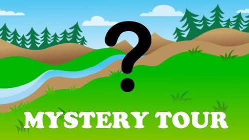 Mystery tour sign with a large question mark over a colorful winding path and forested hills