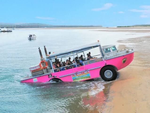 Bright pink amphibious boat on a beach, floating partly in shallow water with passengers aboard.