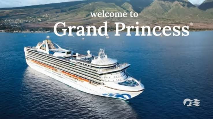 Cruise ship at sea with text “Welcome to Grand Princess” over a blue ocean background