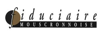 Logo pour Fiduicaire Mouscronnoise, texte en caractères noirs sur un cercle noir et beige.
