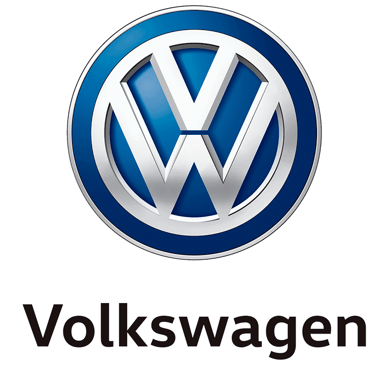 Logo Volkswagen con emblema blu e argento e scritta nera su sfondo bianco.