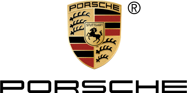 Logo Porsche con scritta nera e stemma oro, rosso e nero su sfondo bianco.
