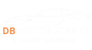 Le iniziali arancioni "DB" sono sovrapposte al disegno molto tenue del logo di un'auto su sfondo bianco.