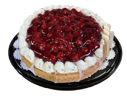 A cherry pie with whipped cream on a black plate