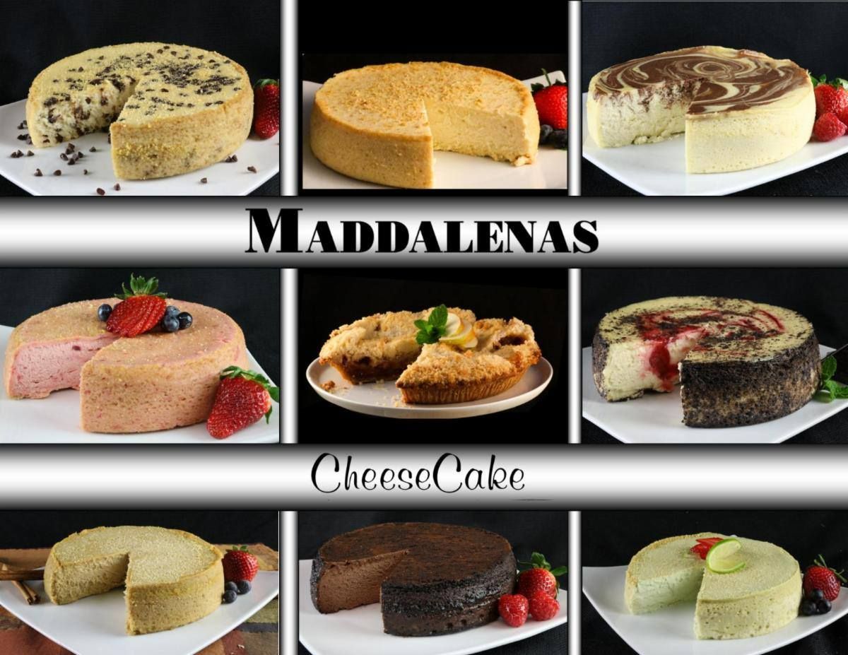 A collage of different types of cheesecake with the words maddalenes cheesecake at the top