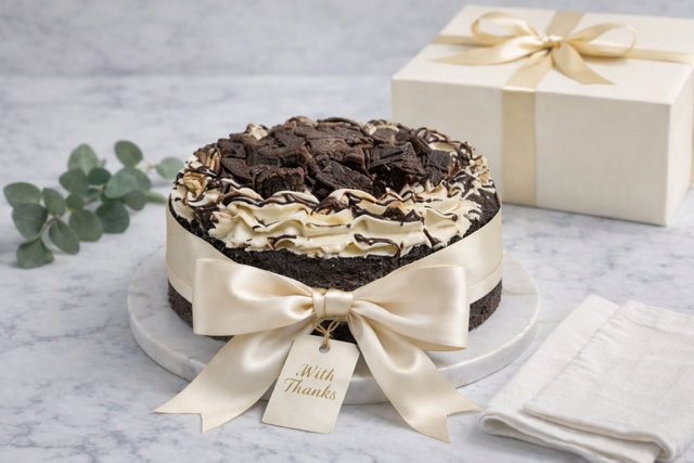 Chocolate cake with cream frosting and brownie topping, tied with cream ribbon, 