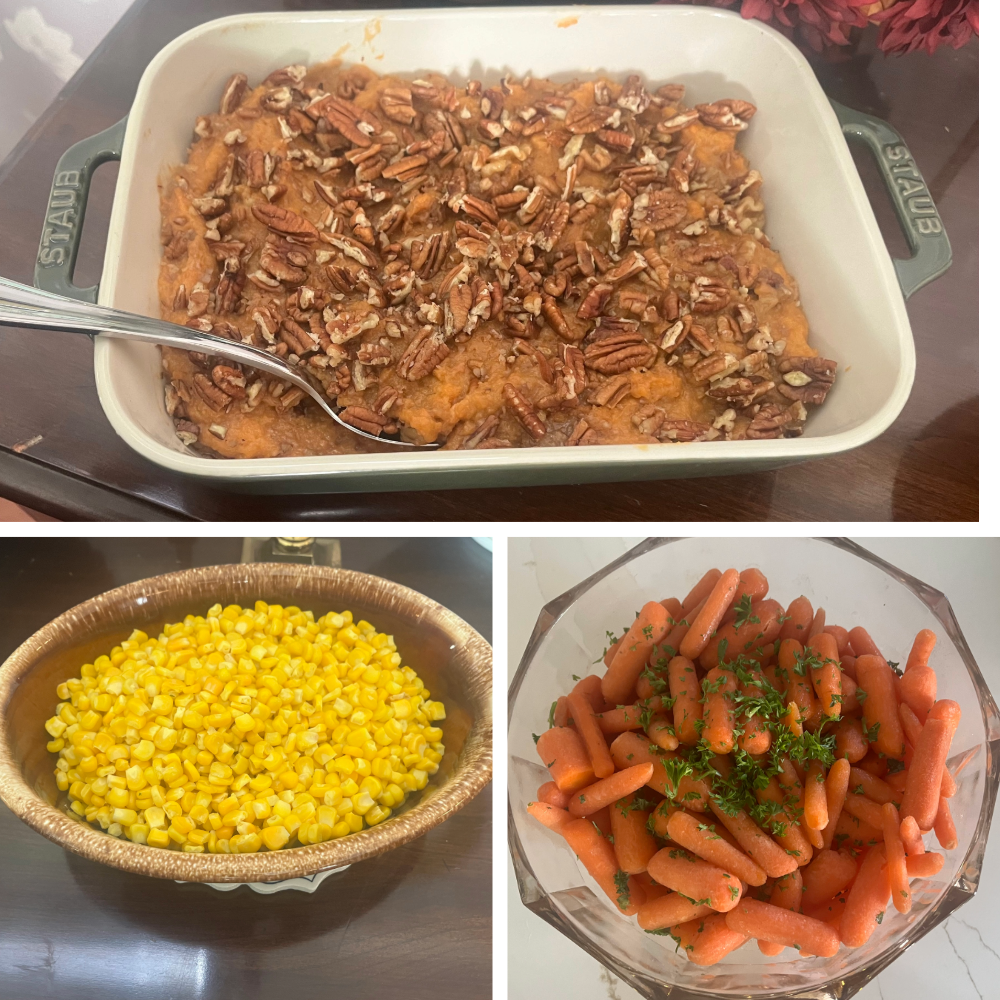 Three dishes of Thanksgiving sides: sweet potatoes with pecans, corn, and carrots.