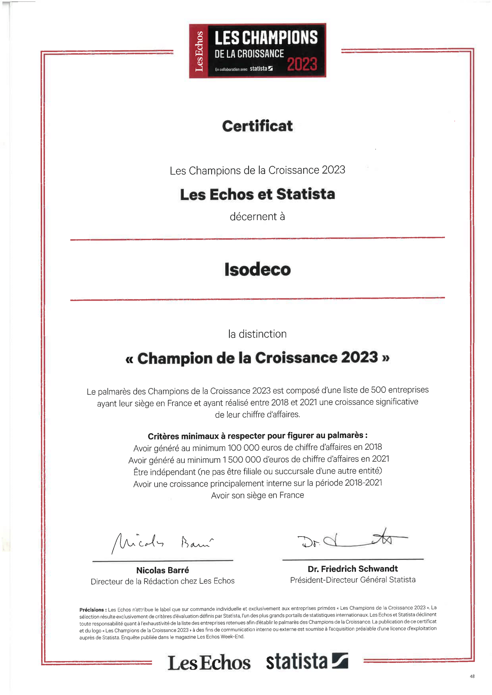 Certificat de champion de croissance 2023 - Les Échos