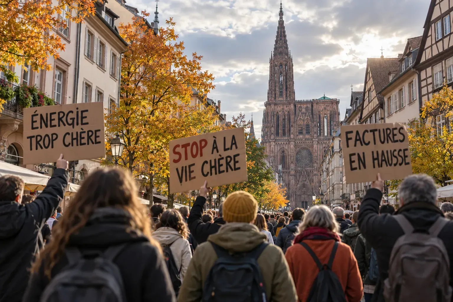 Illustration : manifestation contre la hausse des prix de l’énergie dans le centre de Strasbourg, cathédrale en arrière-plan