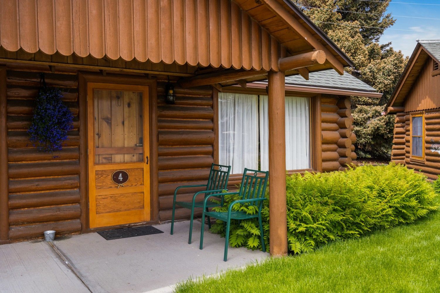 Log cabin porch with wooden door, green chairs, and bright yellow shrubs under the roof overhang