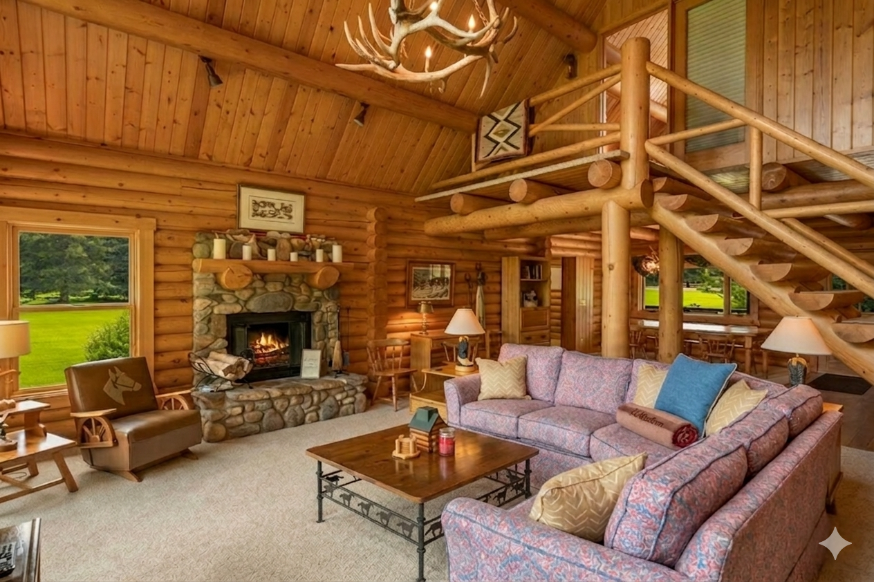 Rustic log cabin living room with stone fireplace, loft stairs, and lavender sofa