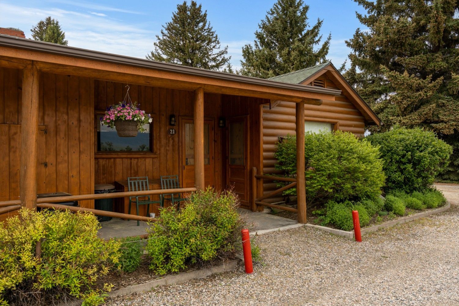 Wooden cabin porch with hanging flowers, shrubs, and gravel driveway, surrounded by pine trees