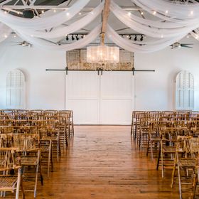 Rows of folding chairs are lined up in a large room