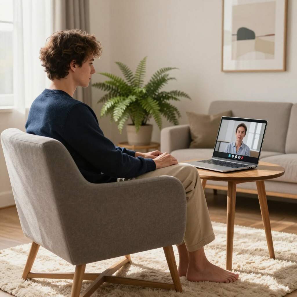 quit smoking client sitting in a chair from their home engaged in a remote virtual quit smoking hypnosis session