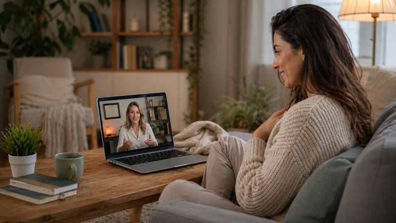 Hypnotist guiding quit smoking hypnotherapy session on laptop during their virtual call with laptop on table in front of client