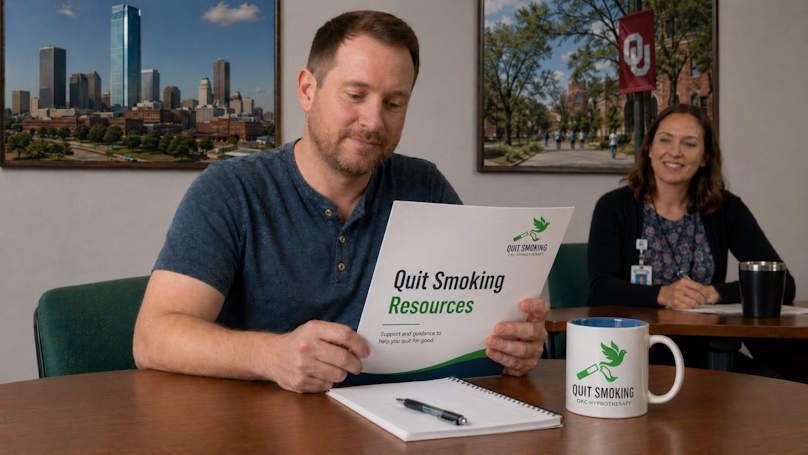 New Quit Smoking OKC Hypnotherapy client reviewing a Quit Smoking Resources Pamphlet of resources in his hands