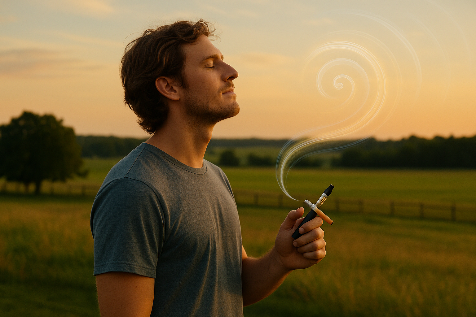 OKC man standing in a field with a cigarette with eyes closed visualizing quitting smoking after hypnosis session