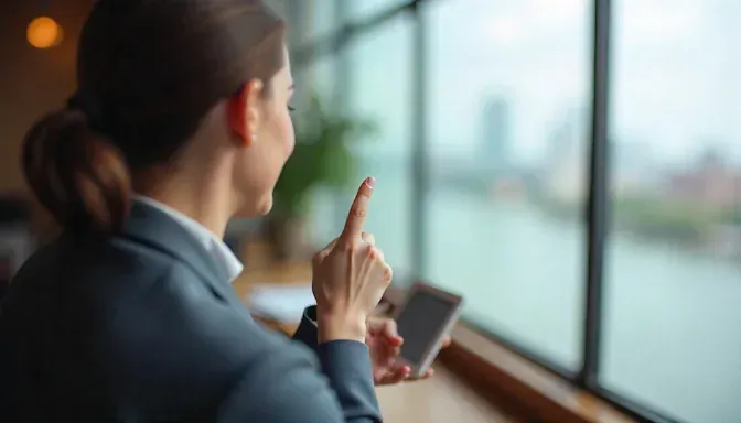 Smiling using index finger as an “anchor,” Norman skyline visible through a window