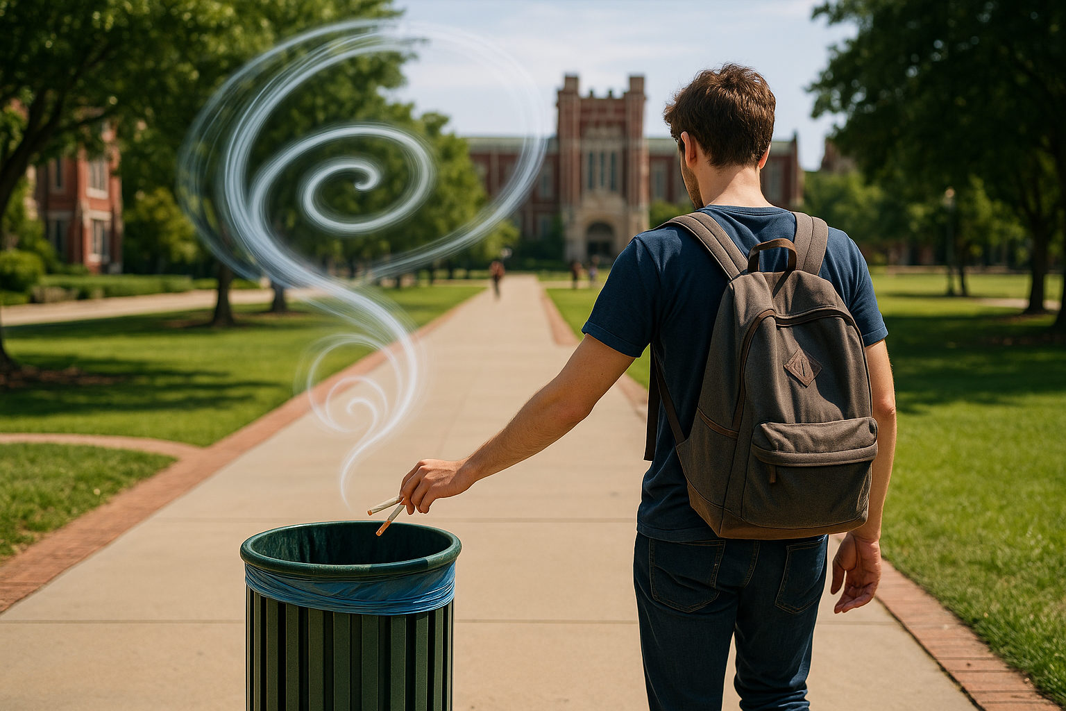 college kid in OKC throwing away cigarettes on his way to class but realizes he want to quit smoking