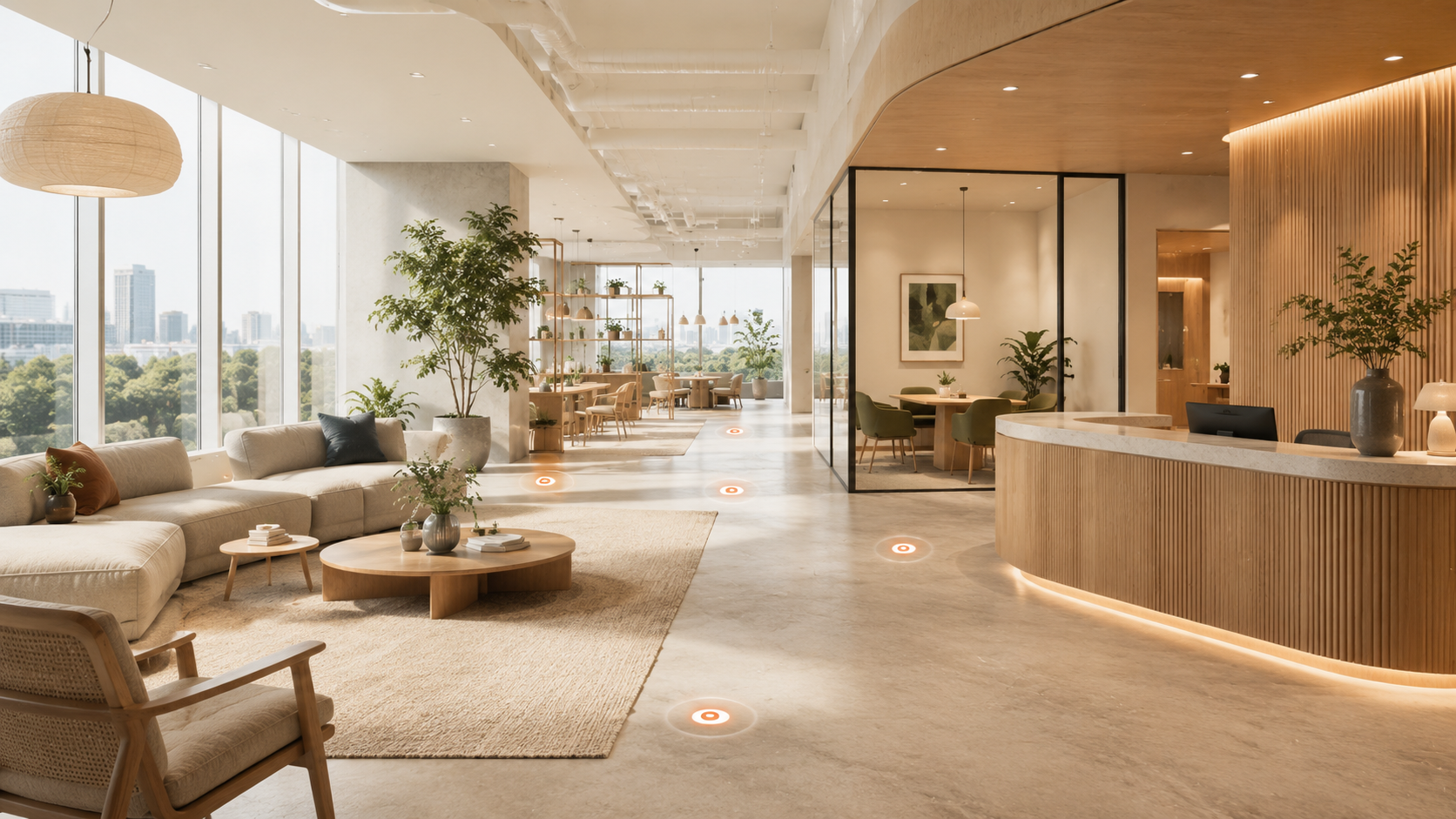 Bright modern hotel lobby with lounge seating, large windows, and a curved wood reception desk