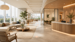 Bright modern hotel lobby with lounge seating, large windows, and a curved wood reception desk