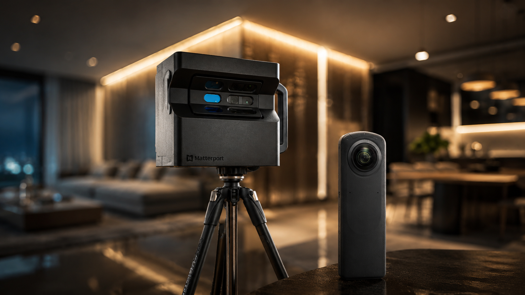 Camera on a tripod beside a smart speaker in a softly lit modern living room.