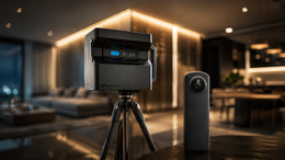 Camera on a tripod beside a smart speaker in a softly lit modern living room.