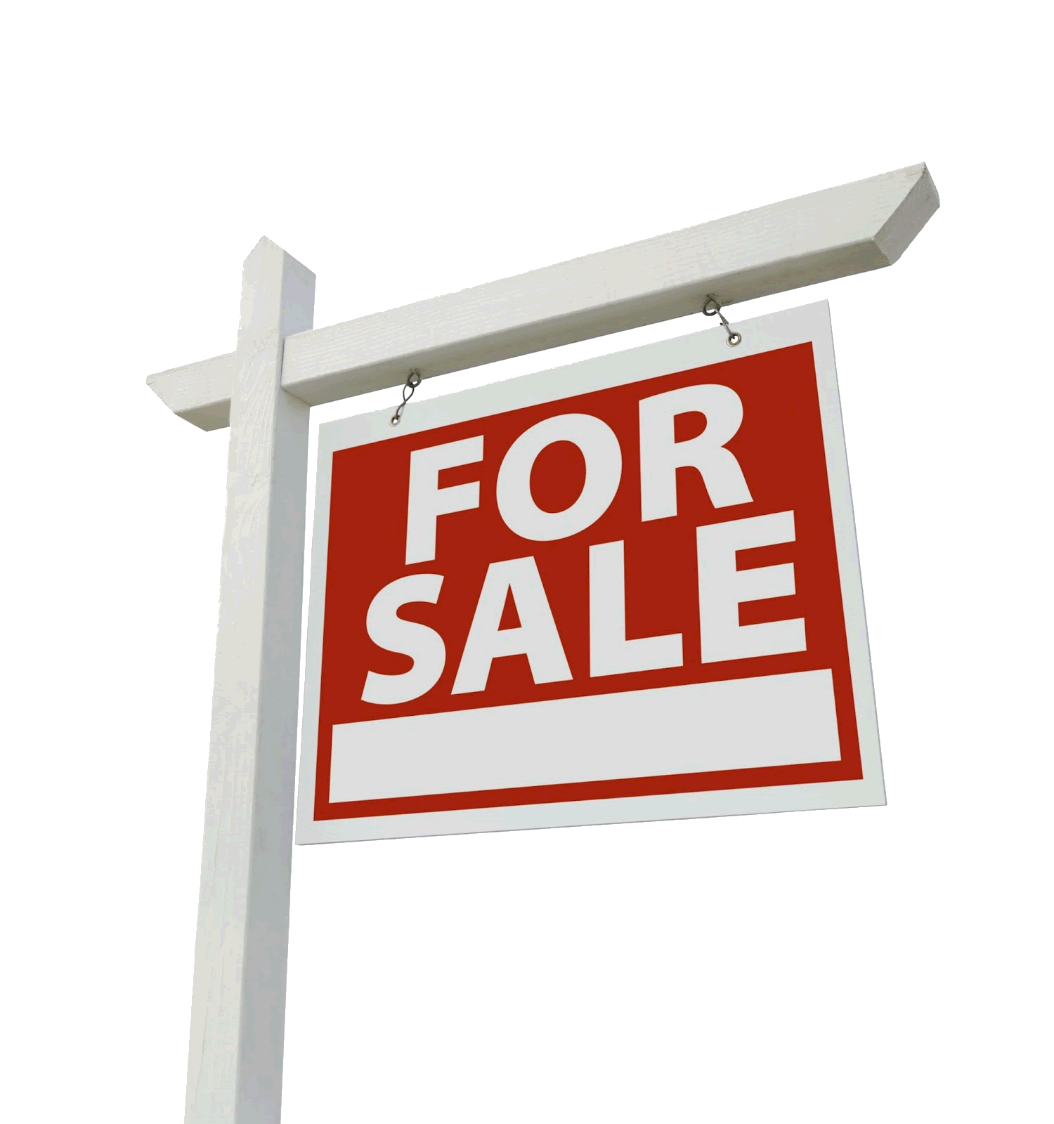 Red and white for sale sign hanging from a white post against a plain background