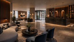Elegant hotel lobby with modern lounge seating, warm lighting, and a polished reception area