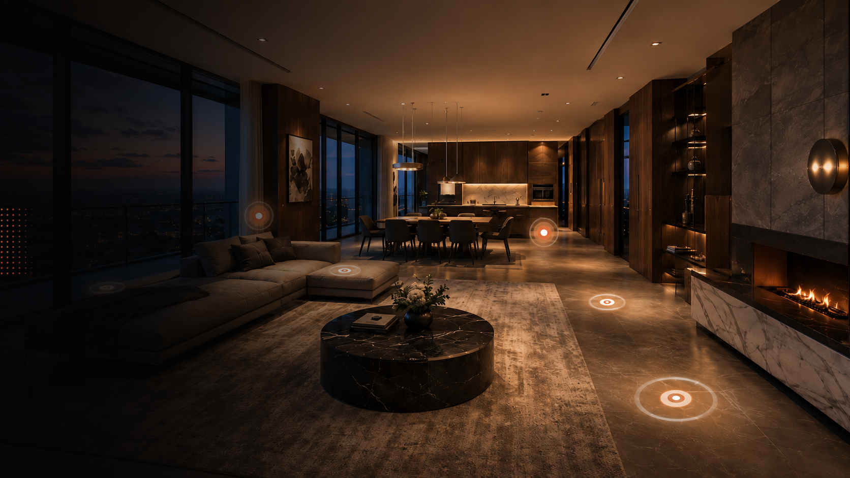 Modern luxury living room at night with warm lighting, sofa, rug, coffee table, and fireplace.