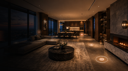 Modern luxury living room at night with warm lighting, sofa, rug, coffee table, and fireplace.