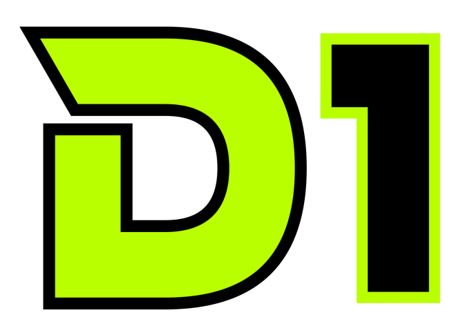 Stylized neon green and black “D1” logo on a white background