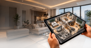 Hands holding a tablet showing a 3D interior design plan in a modern living room