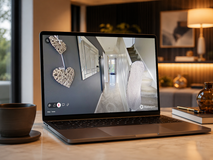 Laptop displaying a jewelry photo in a cozy room, with a cup and decor on the table.