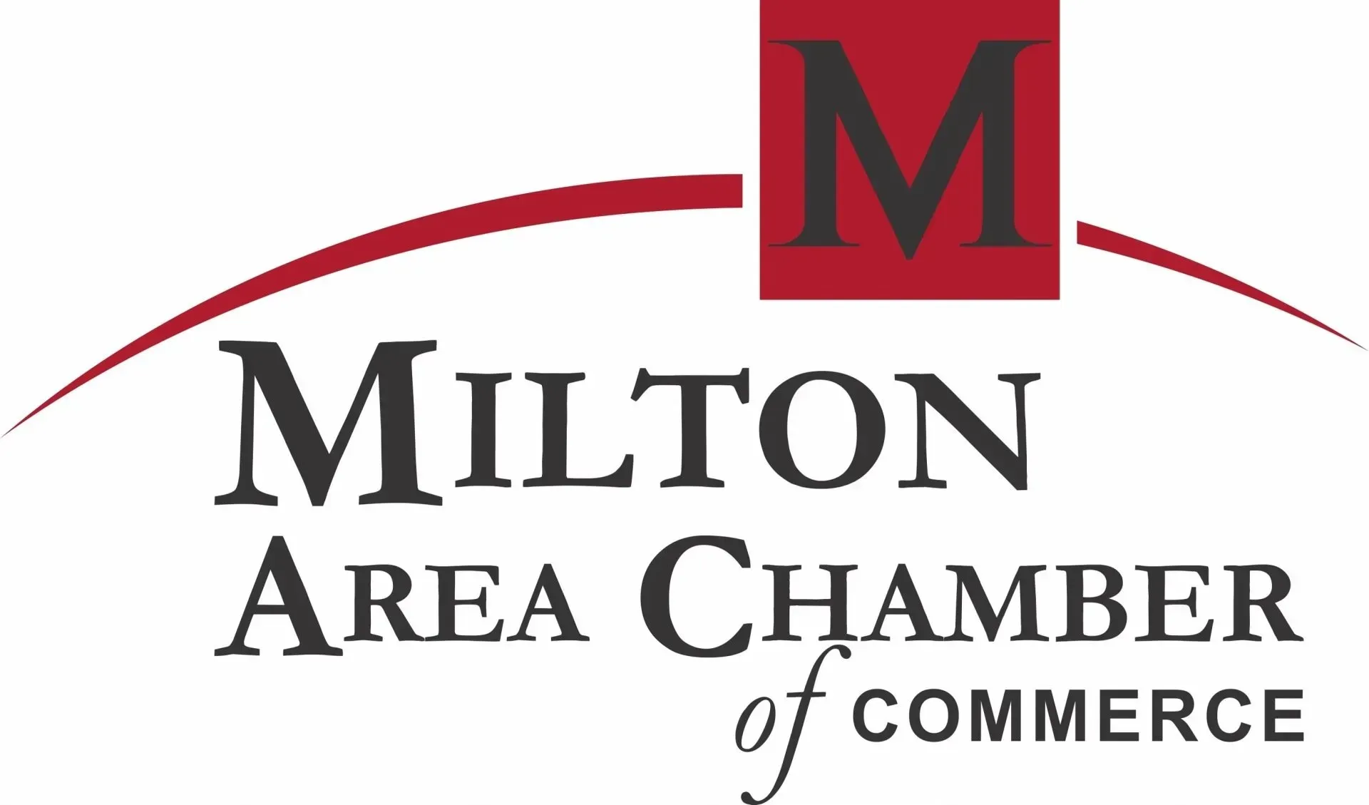 Milton Area Chamber of Commerce logo with maroon arc and red “M” over black text