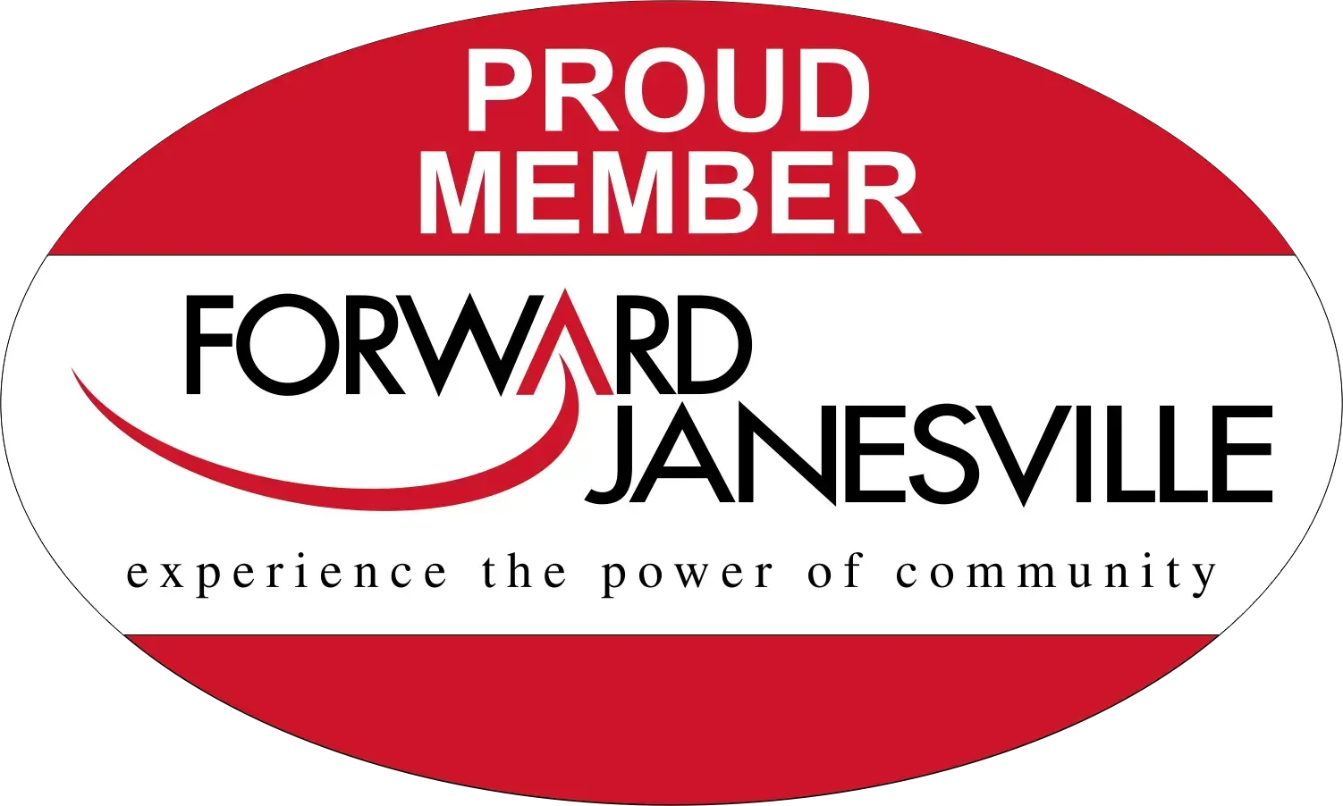 Proud member logo for Forward Janesville in red, black, and white with “experience the power of community.”
