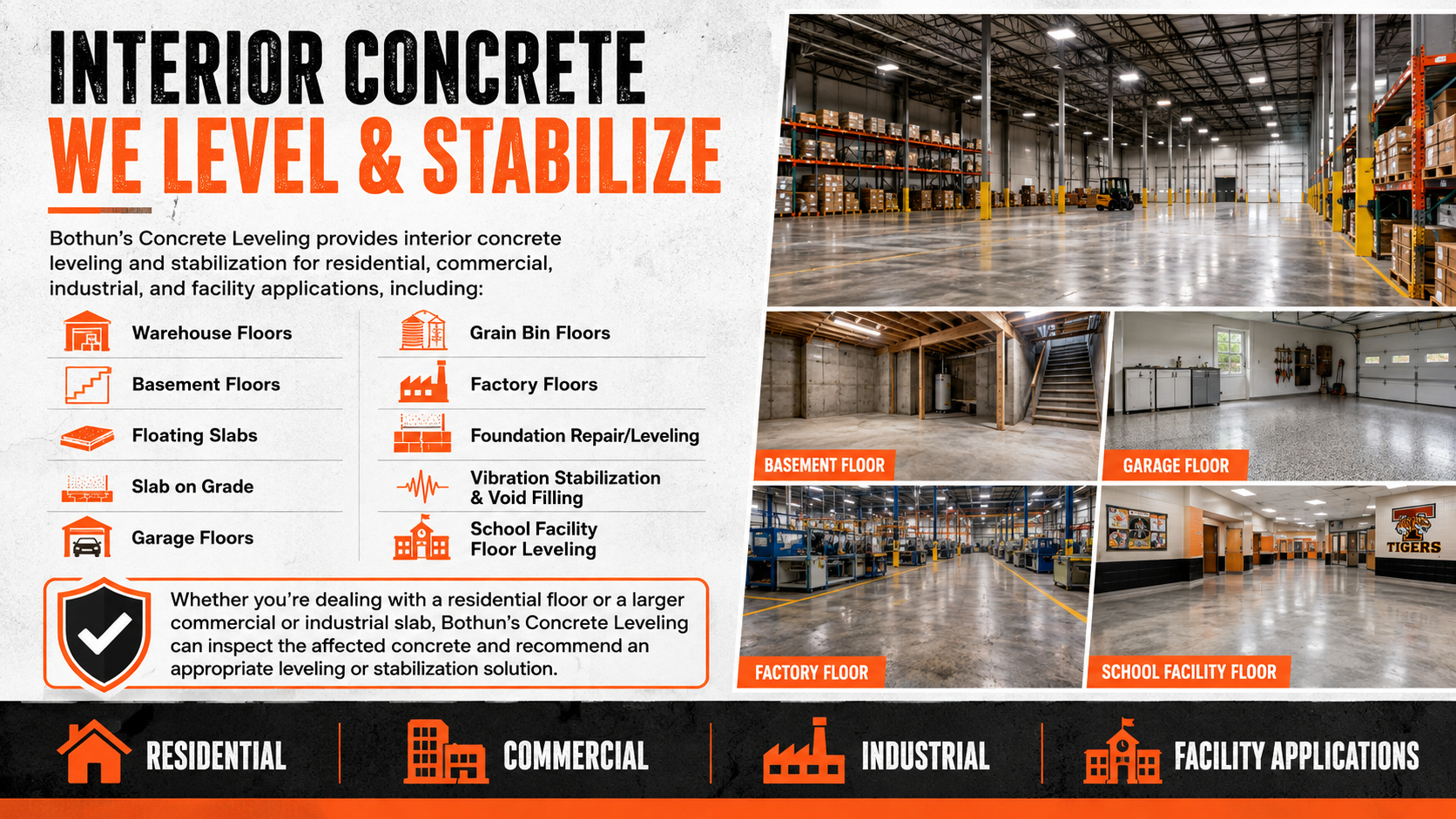 Interior concrete leveling service ad with orange text and warehouse floor photos