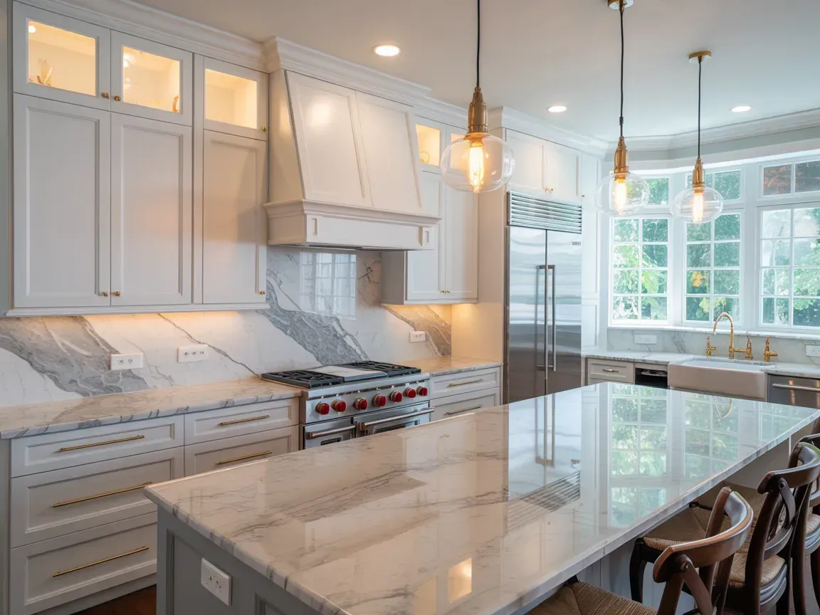 a kitchen under construction with a large island in the middle .