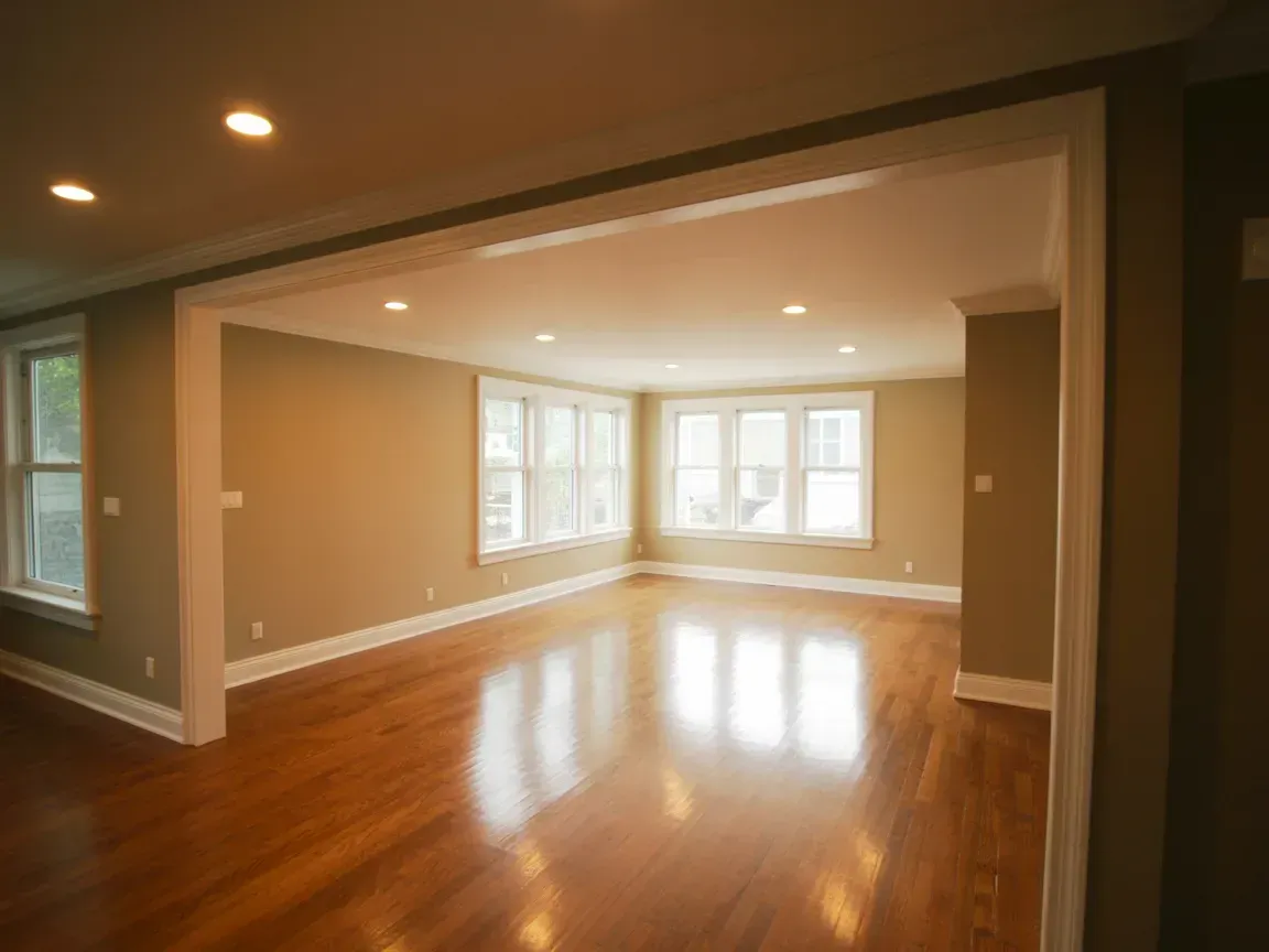Empty living room with hardwood floors, beige walls, and large windows letting in bright natural light